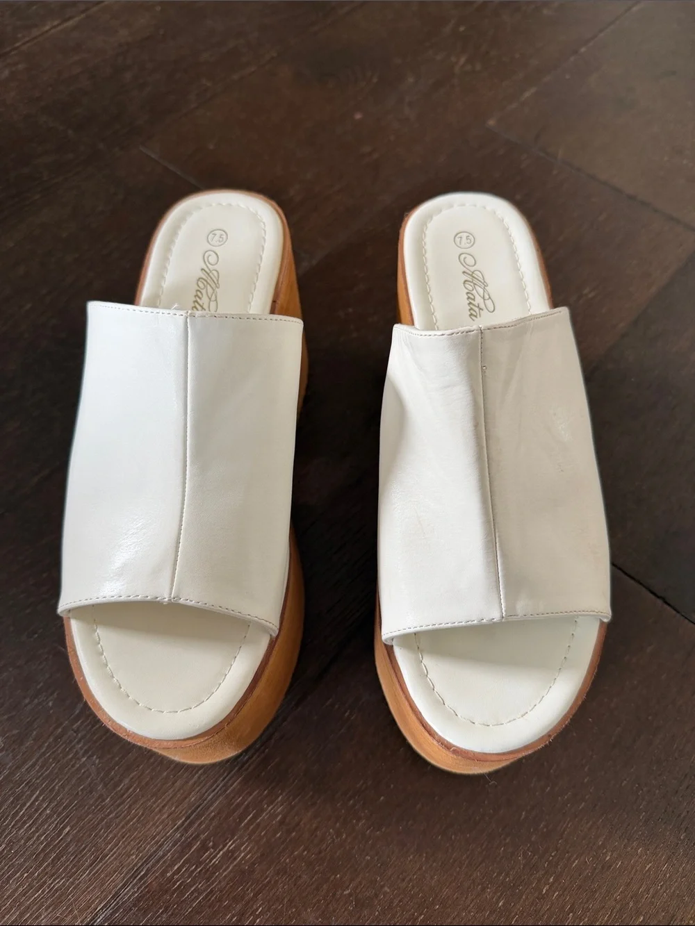 ACata White Platform Slide Sandals with Wood-Effect Wedge Size 7.5